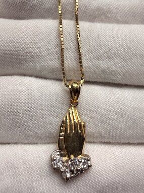 14K Two Tone Gold Cubic Z. Praying Hands Pendant With 0.8mm Box Chain - 18 inch